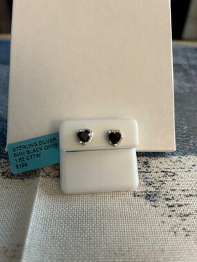Sterling Silver Black Onyx Heart Stud Earrings, 1.82 CTTW